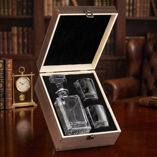 Whiskey Decanter & Glass Set Wooden Gift Box For Gifting