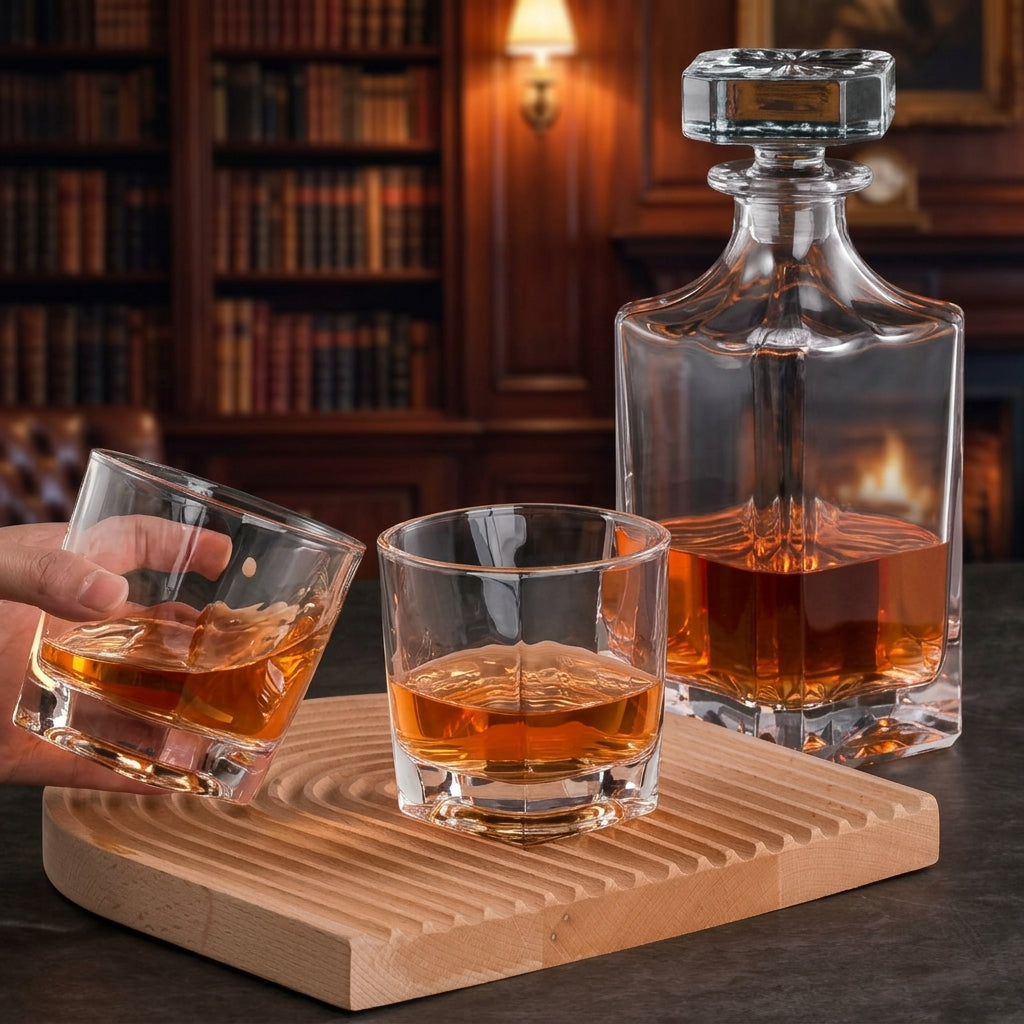 Whiskey Decanter & Glass Set Wooden Gift Box For Gifting