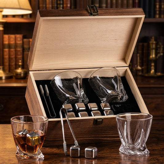 Charred Wood Gift Box 2Pcs Whiskey Glasses Stainless Steel Ice Stones